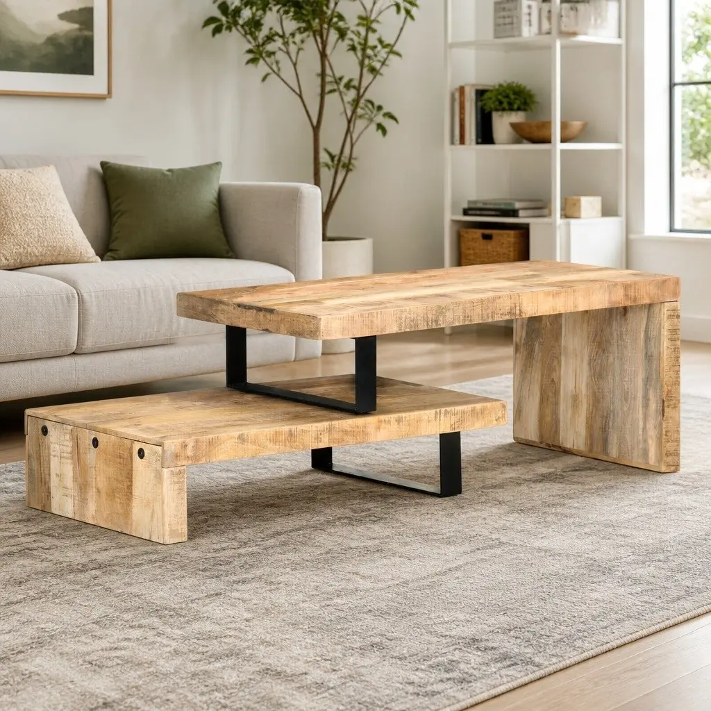 2-Piece Solid Mango Wood Coffee Table Set in Brown