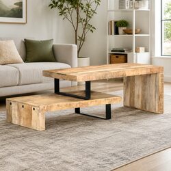 2-Piece Solid Mango Wood Coffee Table Set in Brown