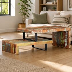 Charming 2 Piece Coffee Table Set in Brown Reclaimed Wood