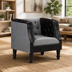 Comfortable Black Leather Tub Chair with Mango Wood Legs