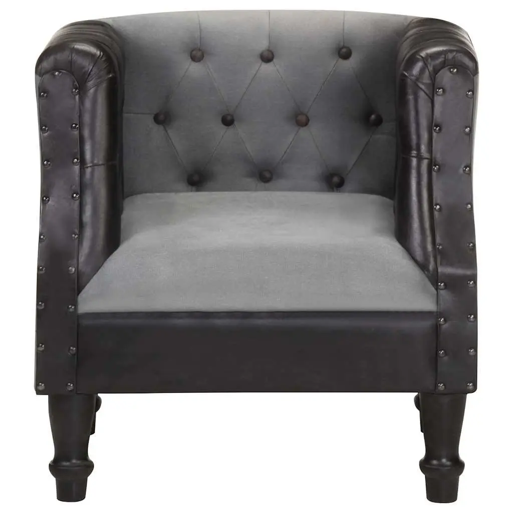 Black Leather Tub Chair with Mango Wood Legs