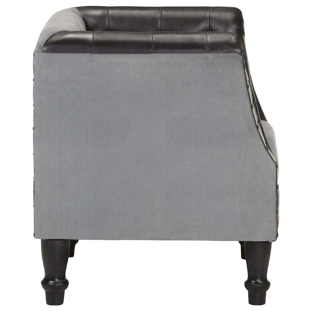 Black Leather Tub Chair with Mango Wood Legs
