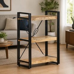 3-Tier Bookcase in Solid Mango Wood and Steel