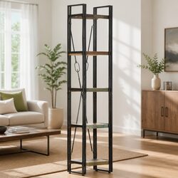 5-Tier Bookcase in Solid Reclaimed Wood and Steel Frame