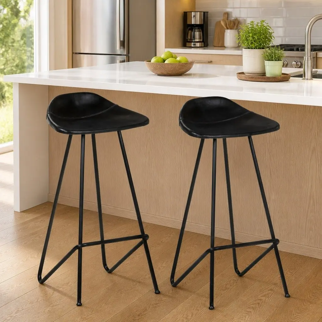 Bar Stools 2 pcs Black Leather Seat Iron Frame Industrial Style Kitchen Dining