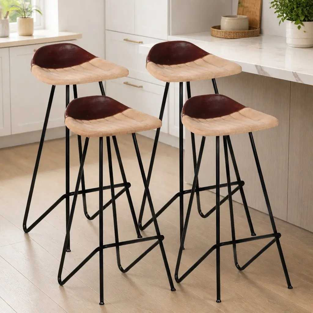 Bar Stools Industrial Style 4 Piece Brown Leather Seat Powder-coated Iron Frame