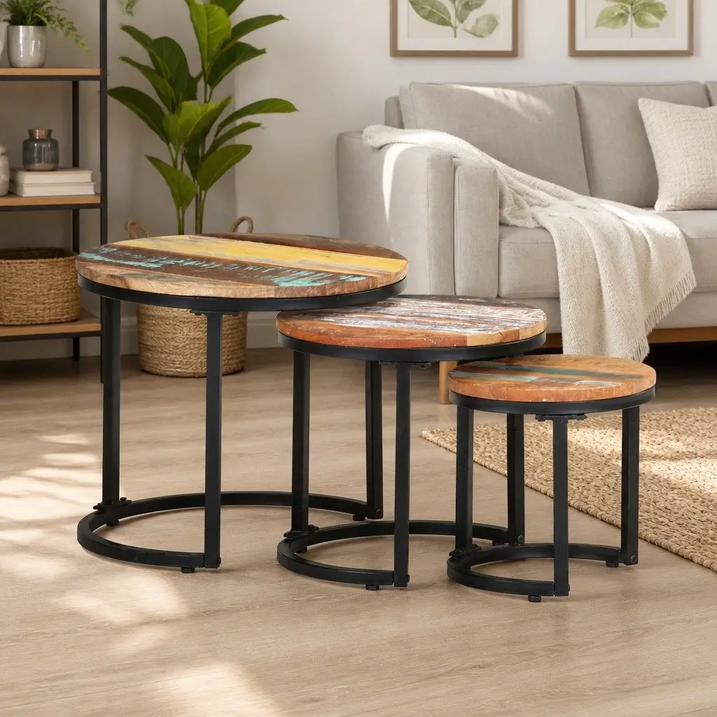 End Tables Industrial 3 Piece Set Solid Reclaimed Wood Side Tables