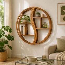 Yin Yang Solid Wood Teak Wall Shelf for Home Decor
