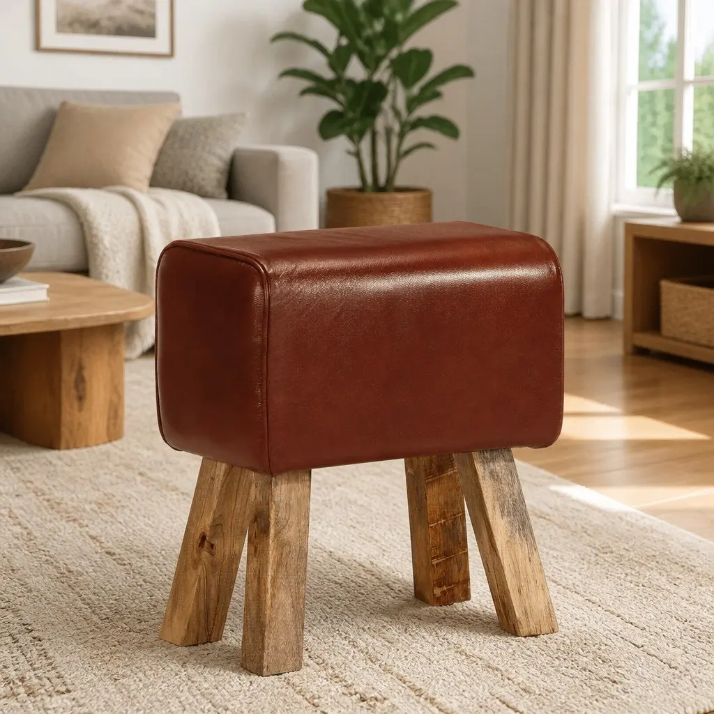 Gym Bok Bench Vintage Style 38cm Brown Real Leather Seat Solid Mango Wood Legs Padded