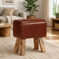 Brown Leather Gym Bok Bench with Solid Mango Wood Legs