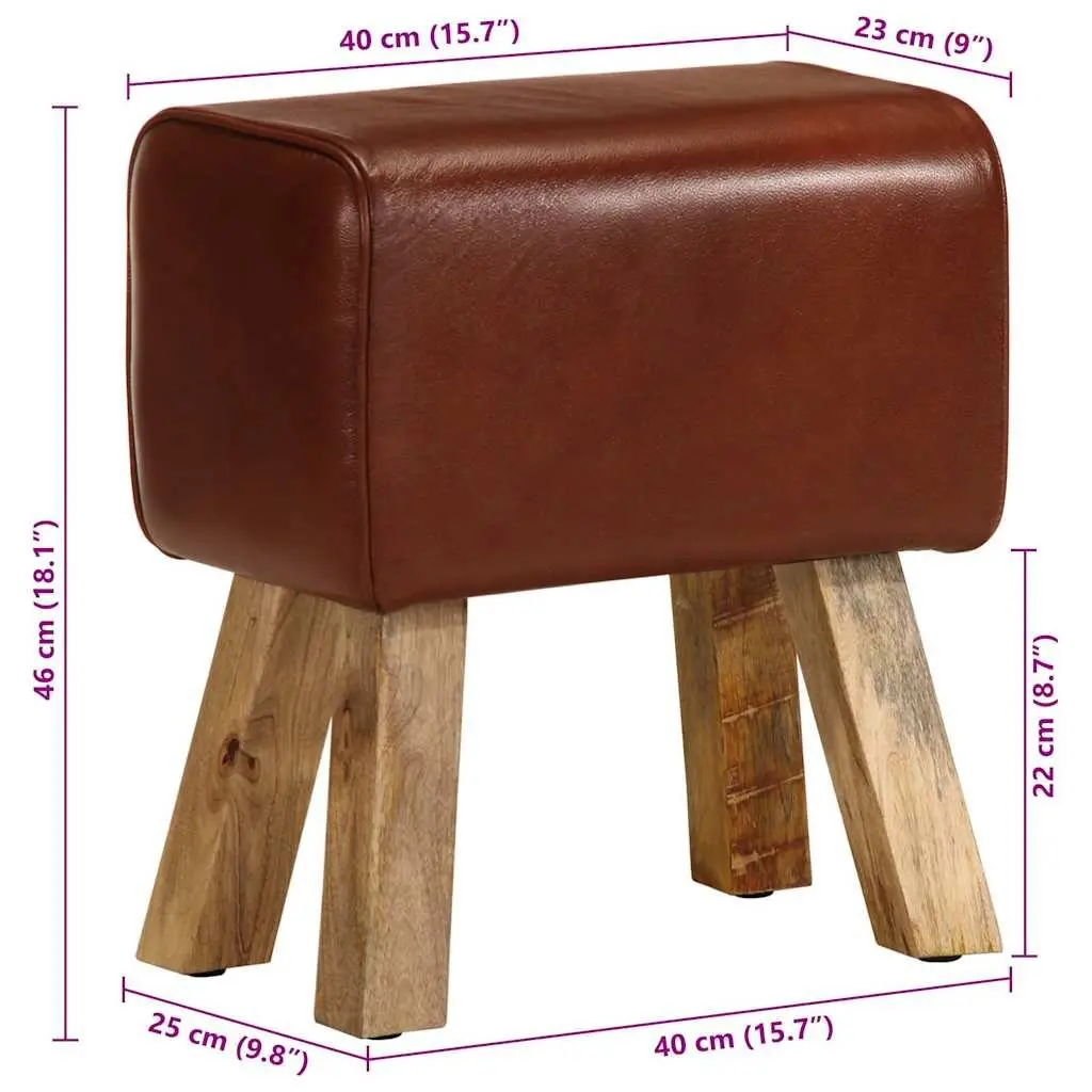 Gym Bok Bench Vintage Style 38cm Brown Real Leather Seat Solid Mango Wood Legs Padded