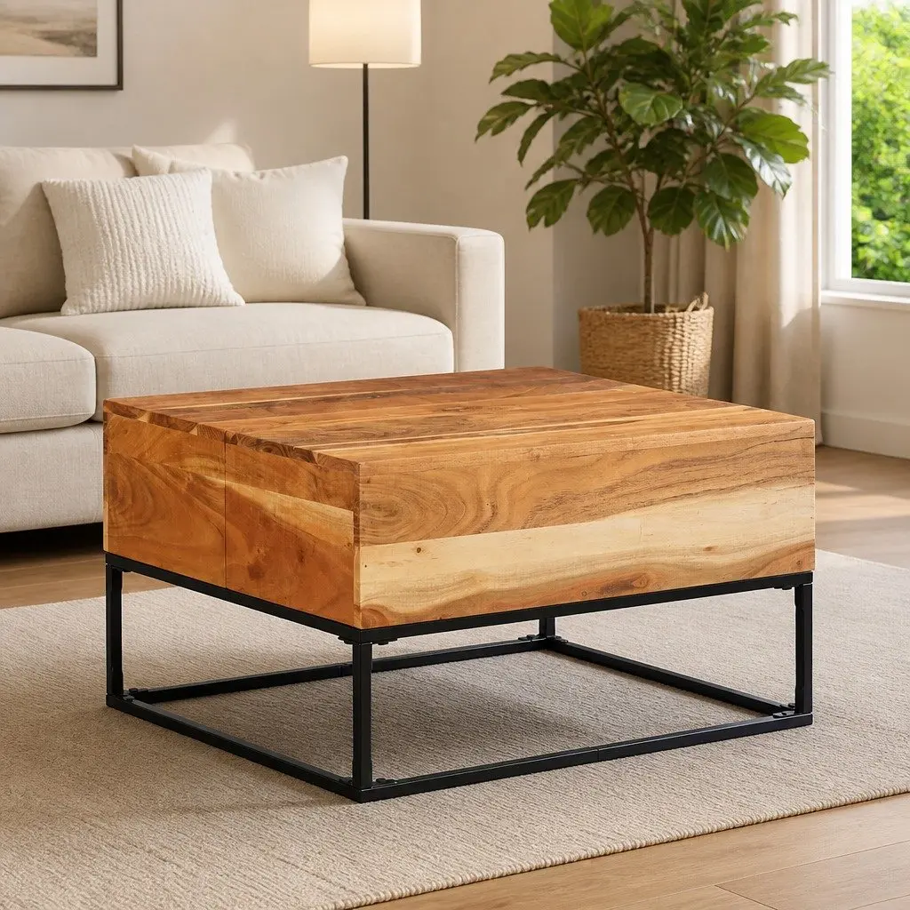 Coffee Table Brown 68x68x41cm Solid Acacia Wood Iron Legs
