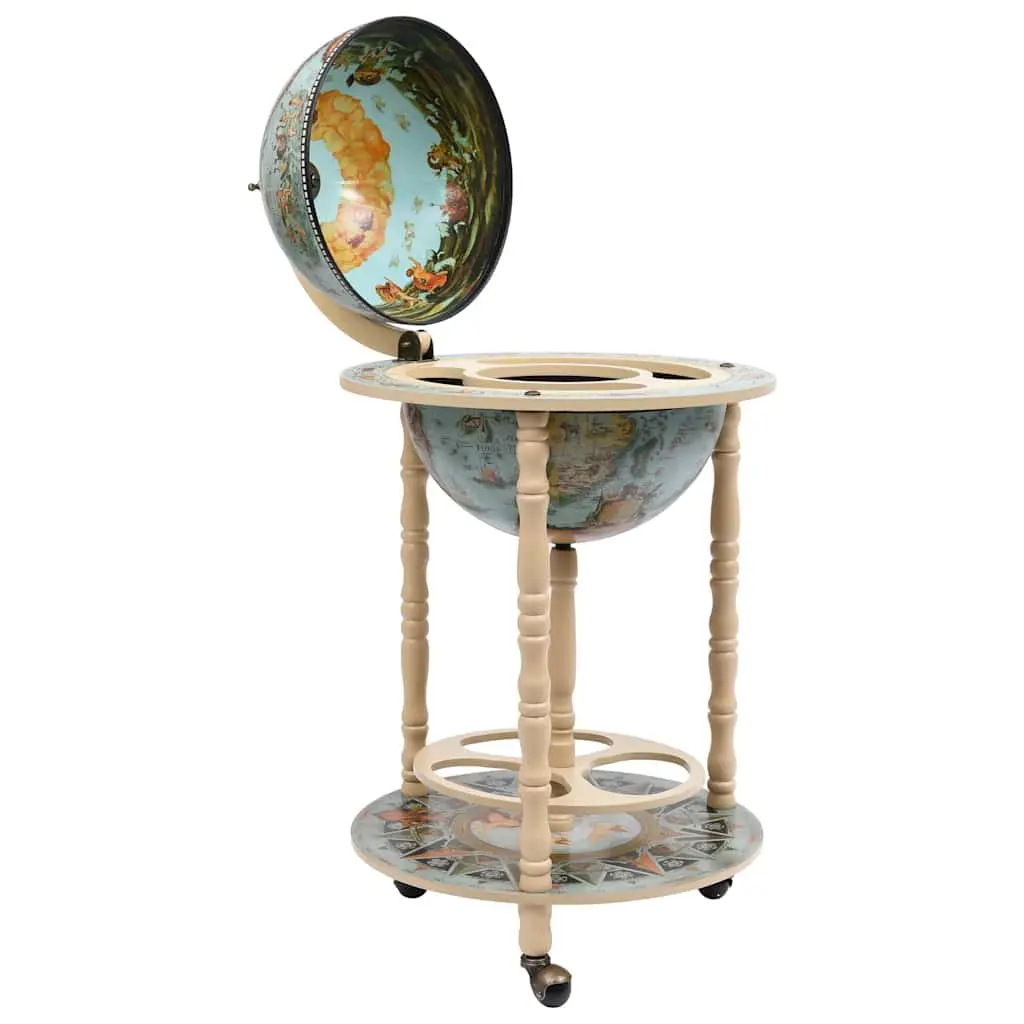 Mobile Globe Bar Stand Solid Wood Storage with Wheels for Bottles and Glasses Blue