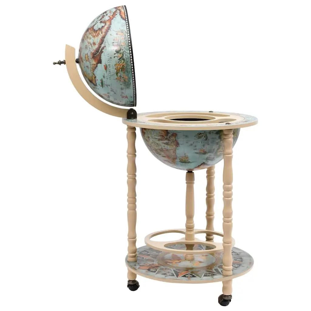 Mobile Globe Bar Stand Solid Wood Storage with Wheels for Bottles and Glasses Blue