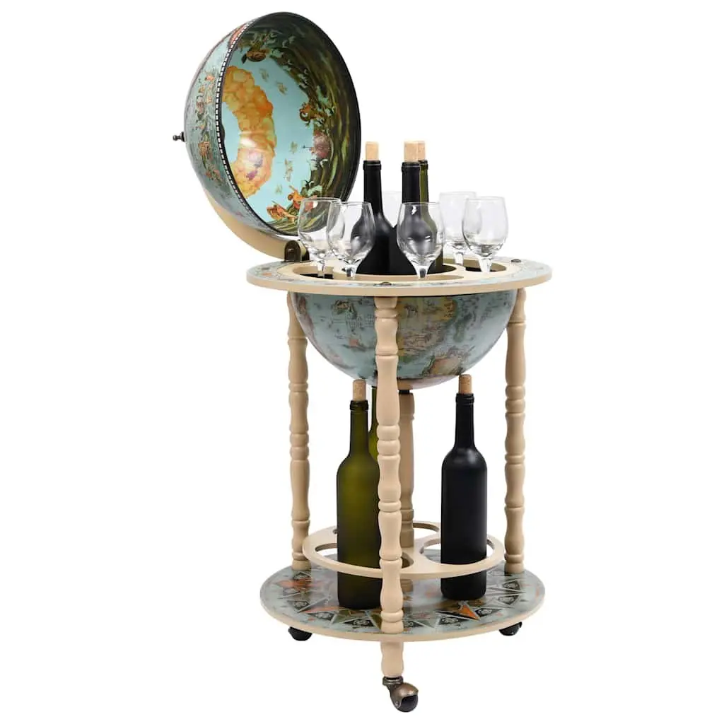 Mobile Globe Bar Stand Solid Wood Storage with Wheels for Bottles and Glasses Blue