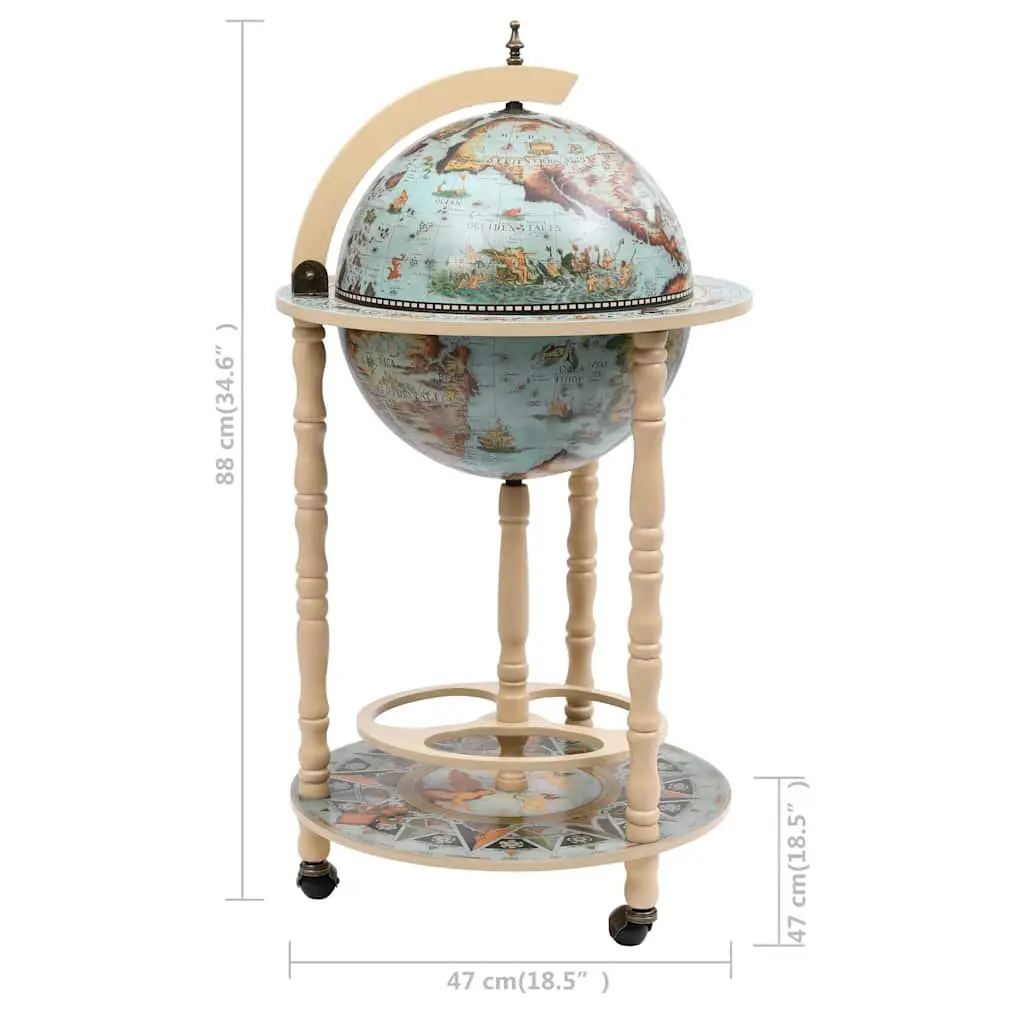 Mobile Globe Bar Stand Solid Wood Storage with Wheels for Bottles and Glasses Blue