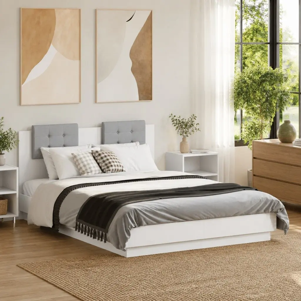 White Platform Bed Frame with RGB LED Headboard 135x190 cm