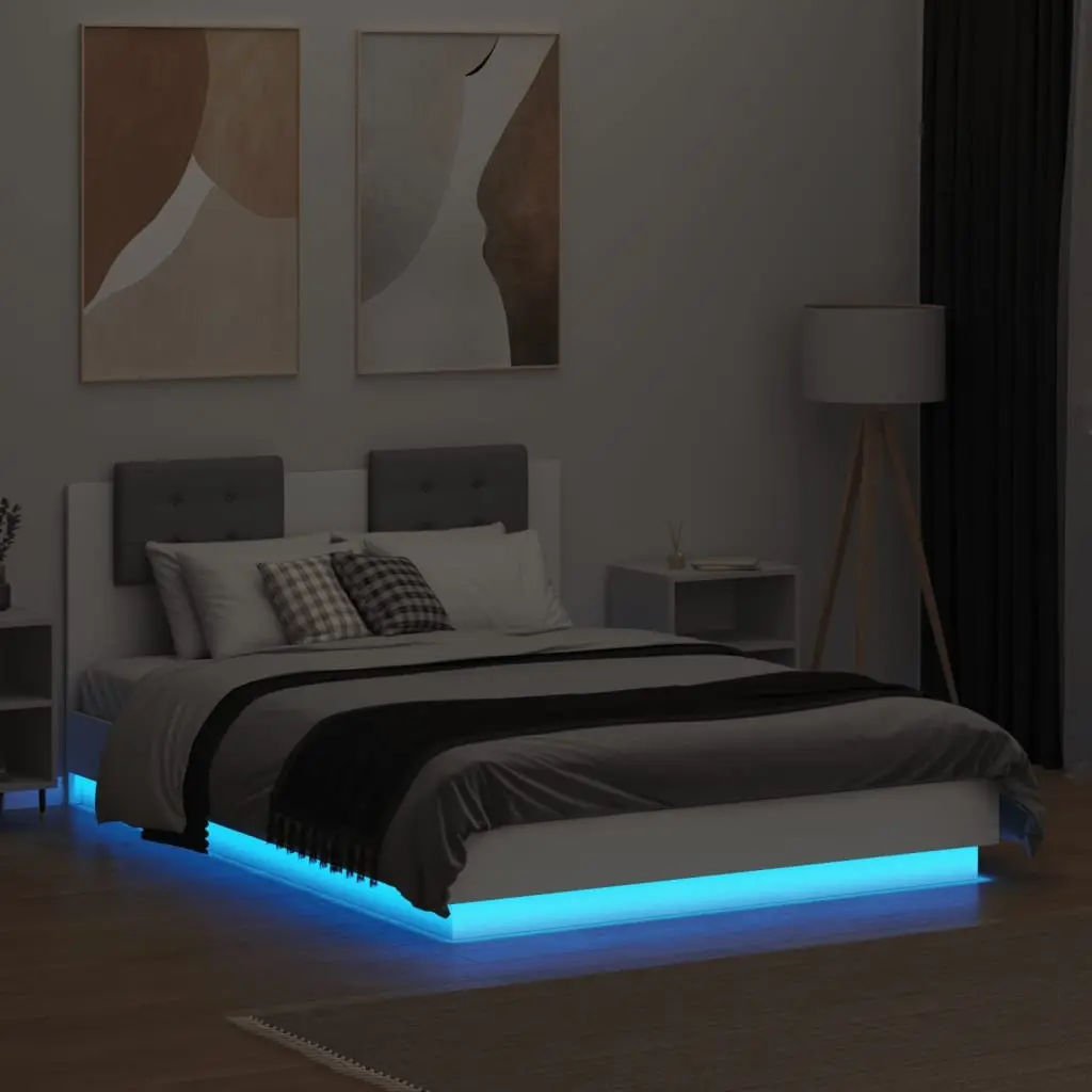 White Platform Bed Frame with RGB LED Headboard 135x190 cm