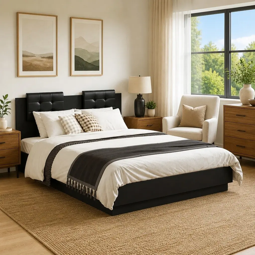 Black Bed Frame with RGB LED Lights and Plywood Slats