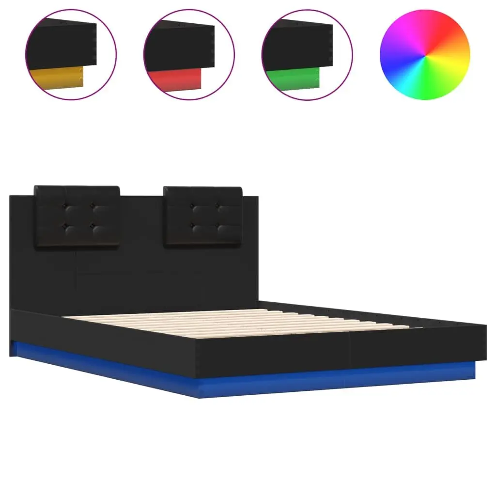 Black Bed Frame with RGB LED Lights and Plywood Slats
