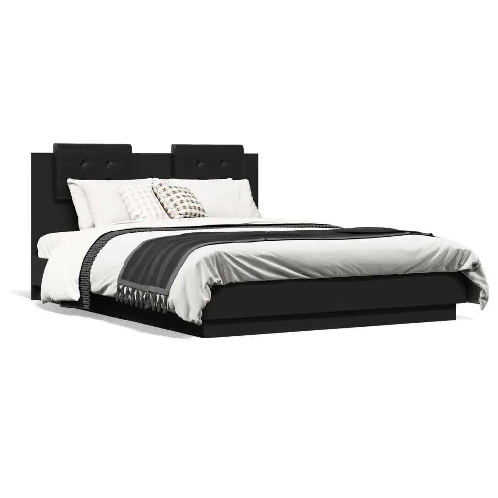 Black Bed Frame with RGB LED Lights and Plywood Slats
