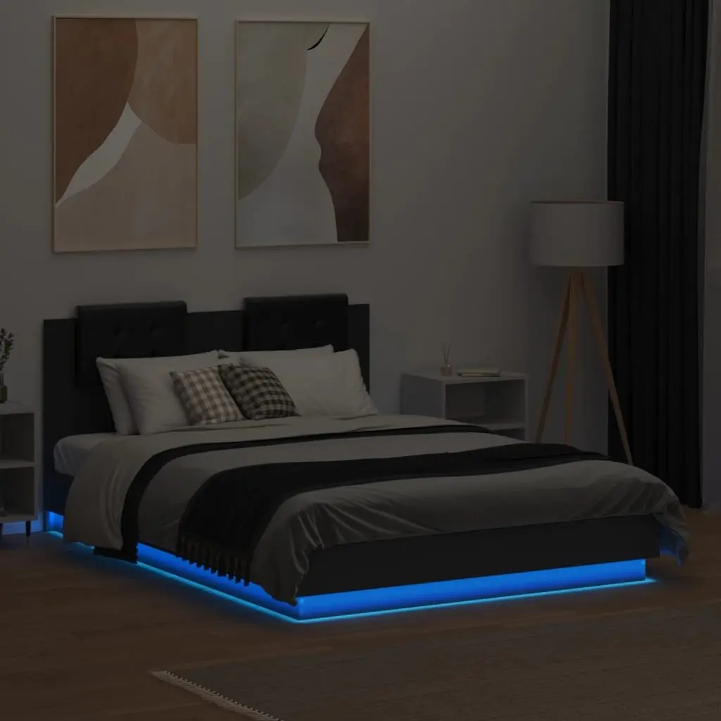 Black Bed Frame with RGB LED Lights and Plywood Slats