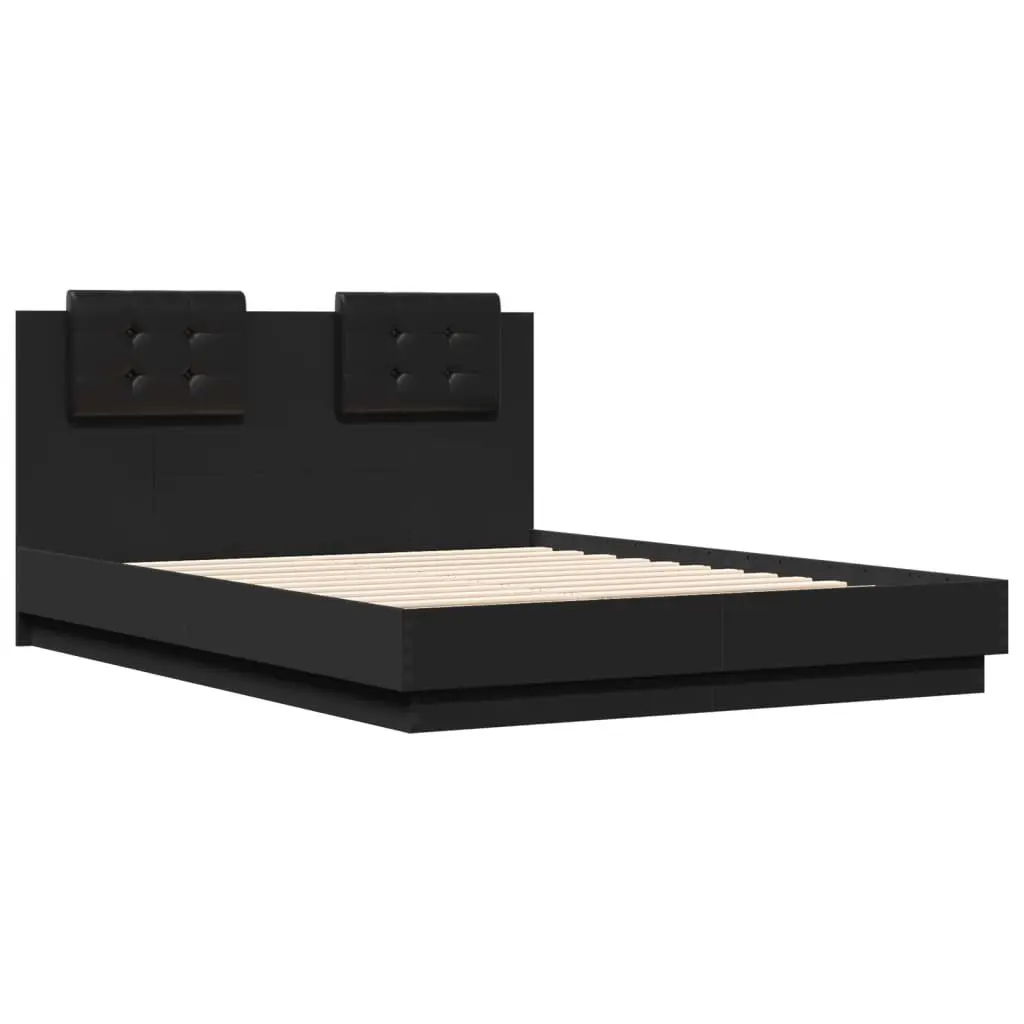 Black Bed Frame with RGB LED Lights and Plywood Slats