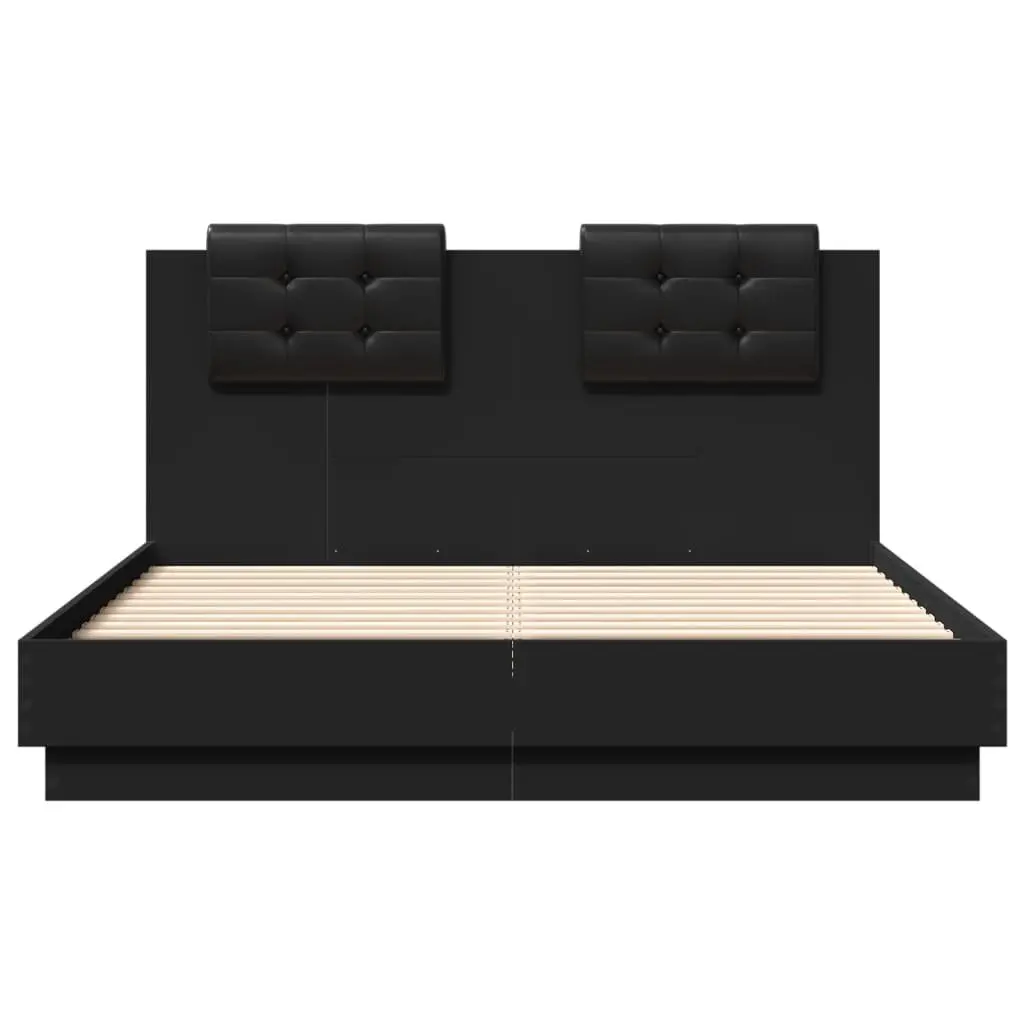Black Bed Frame with RGB LED Lights and Plywood Slats