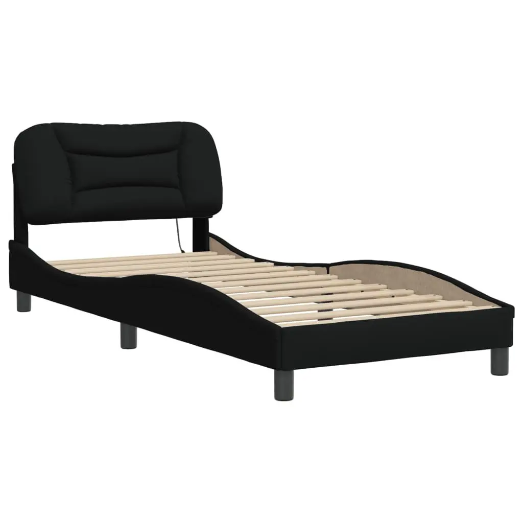 Bed Frame with LED Lights and Black Fabric Headboard