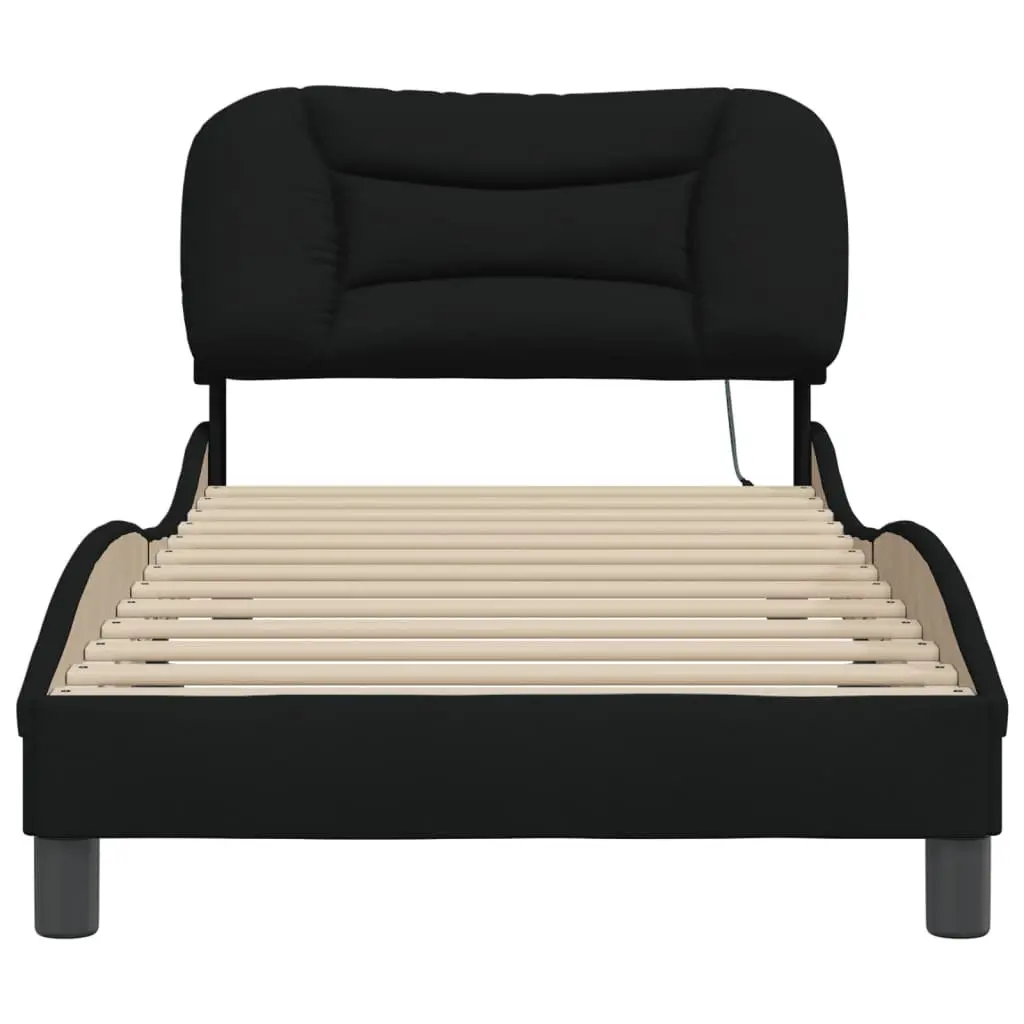 Bed Frame with LED Lights and Black Fabric Headboard