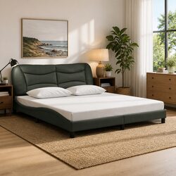 Cozy King Bed Frame with LED Lights and Grey Fabric Headboard