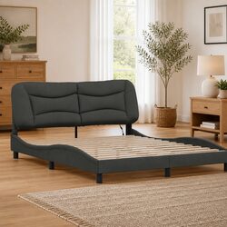 Queen Bed Frame with LED Lighting Dark Grey Fabric 152x203cm