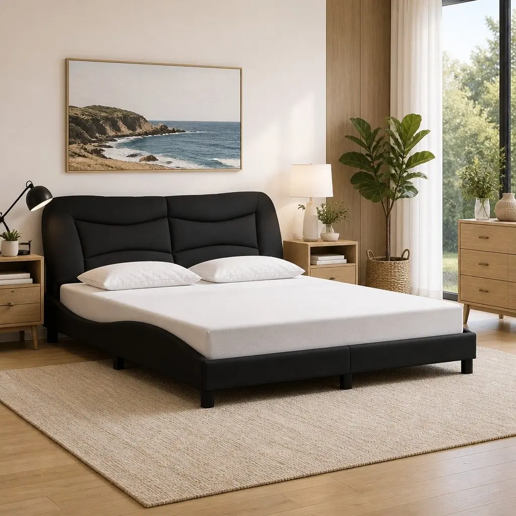 Queen Bed Frame with LED Lights and Black Fabric