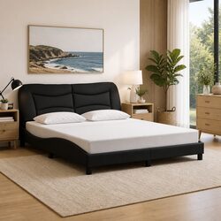 Queen Bed Frame with LED Lights and Black Fabric