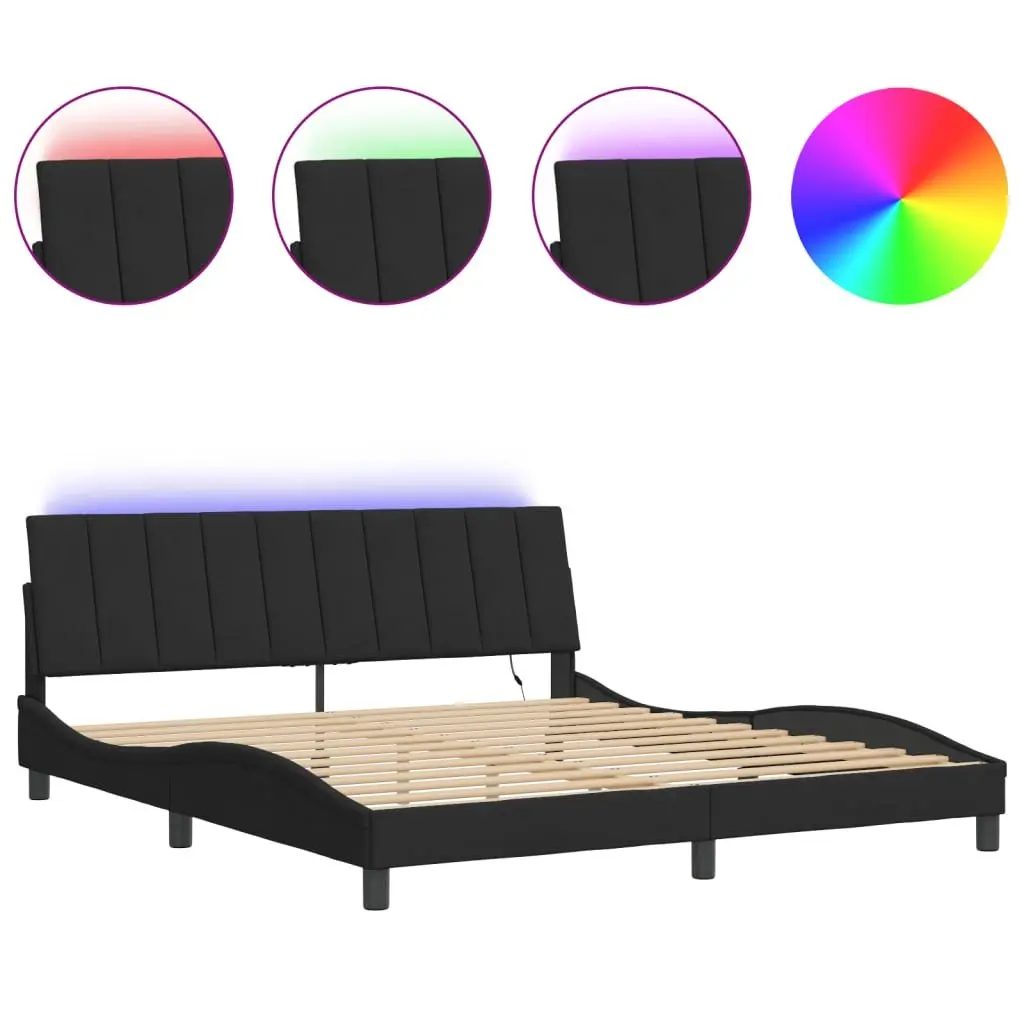 King Bed Frame Black Velvet Headboard 180x200 cm with LED Lights and Slatted Base