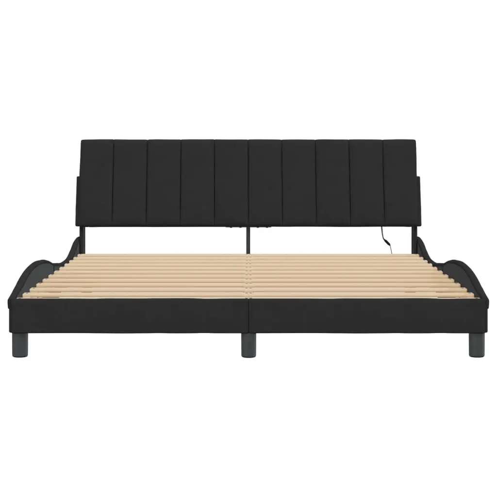 King Bed Frame Black Velvet Headboard 180x200 cm with LED Lights and Slatted Base