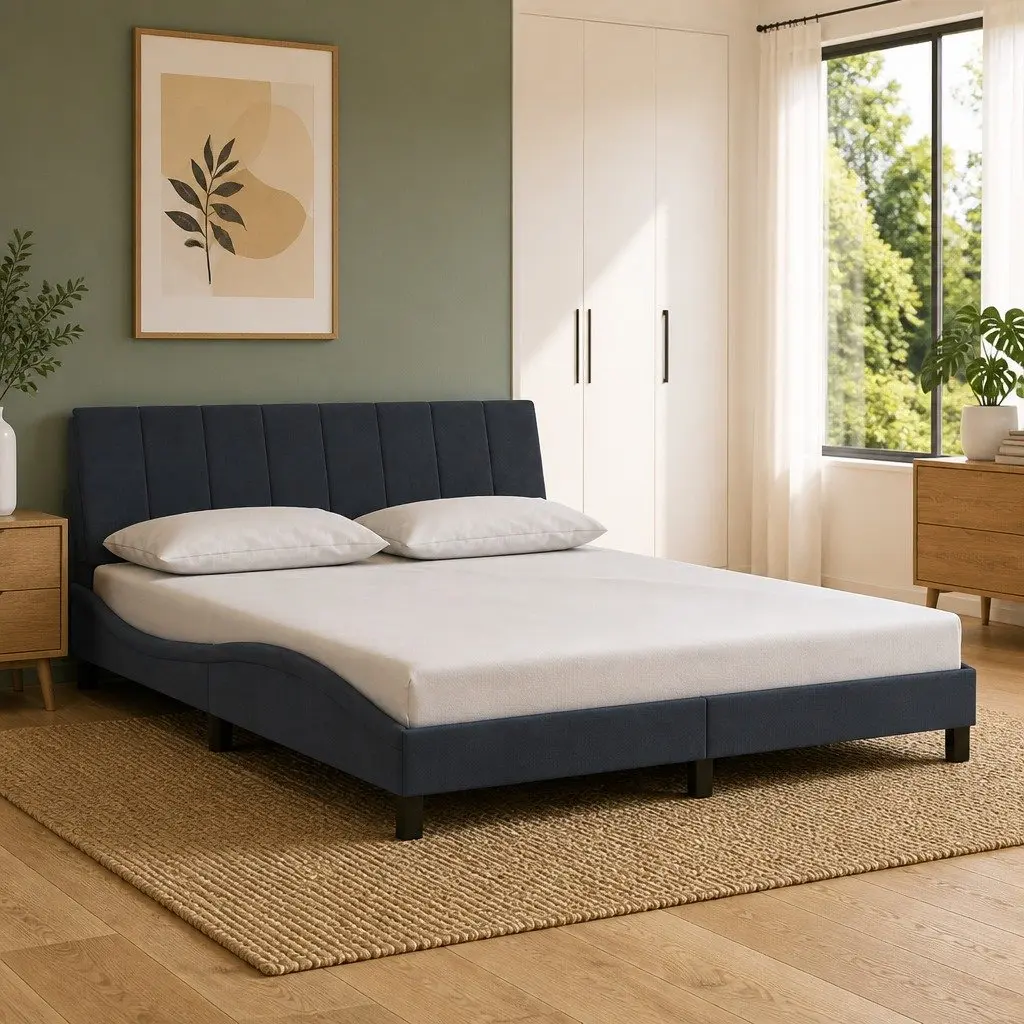 Queen Bed Frame Grey Velvet LED Headboard Modern Plywood Slats