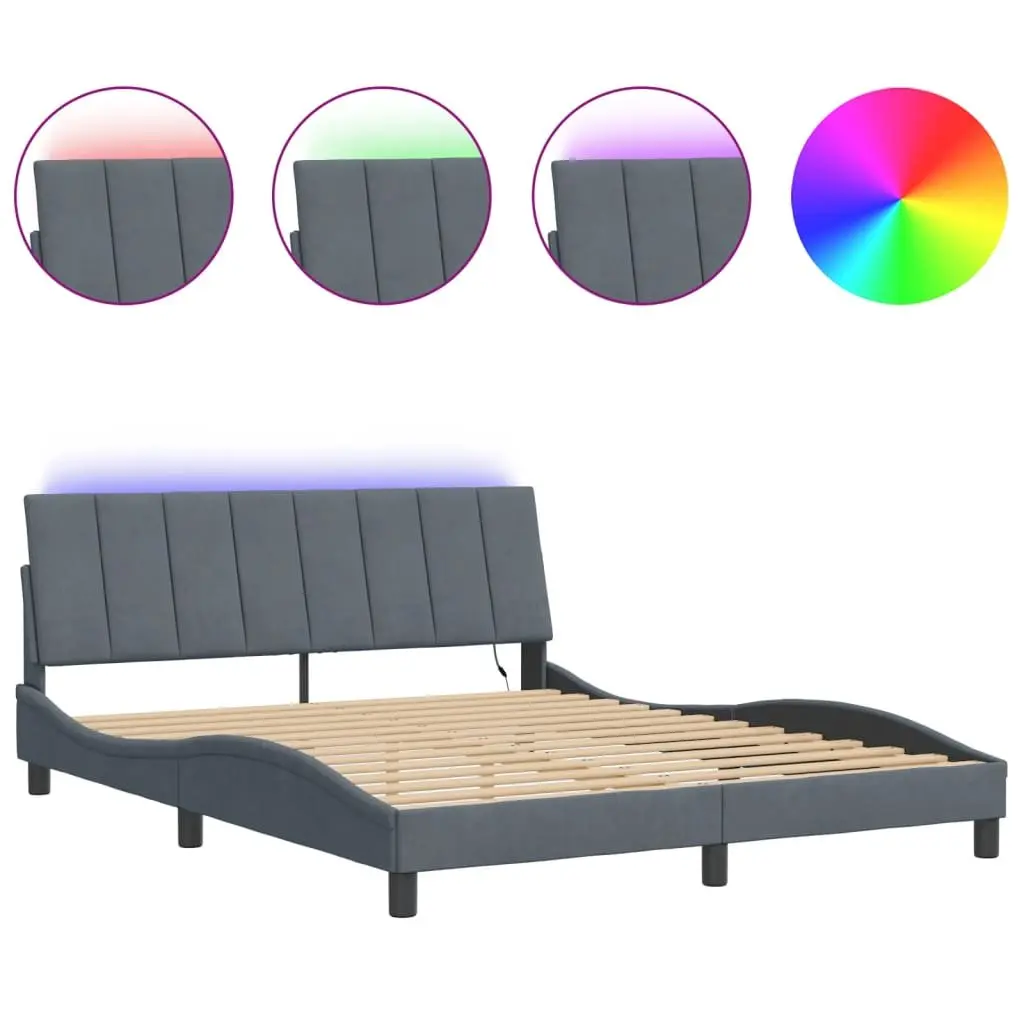 Queen Bed Frame Grey Velvet LED Headboard Modern Plywood Slats