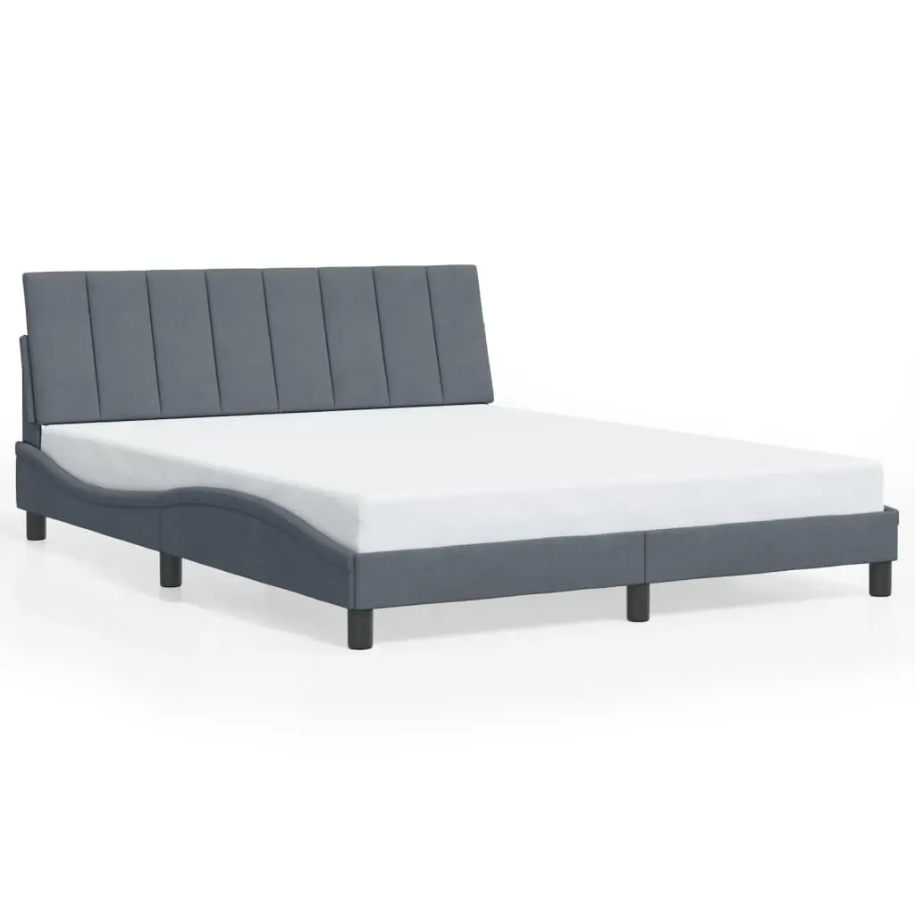 Queen Bed Frame Grey Velvet LED Headboard Modern Plywood Slats