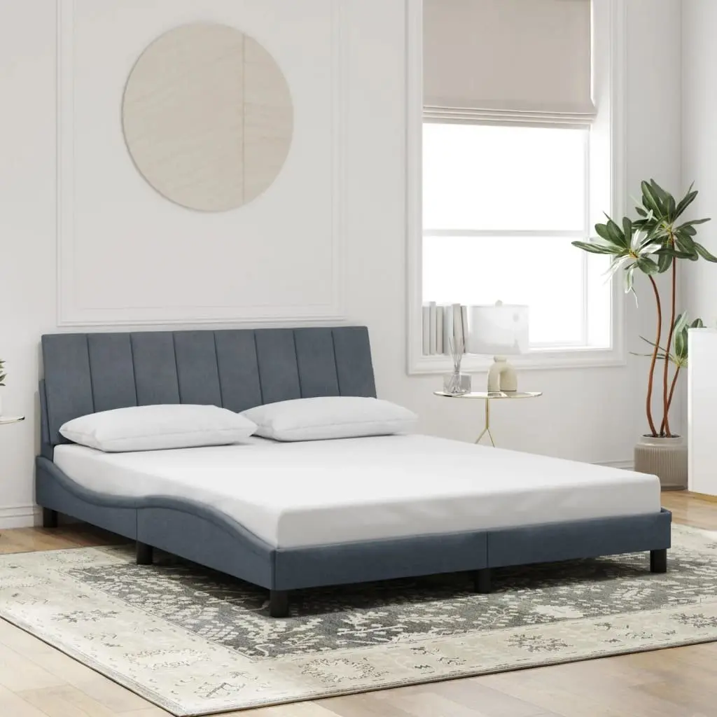 Queen Bed Frame Grey Velvet LED Headboard Modern Plywood Slats