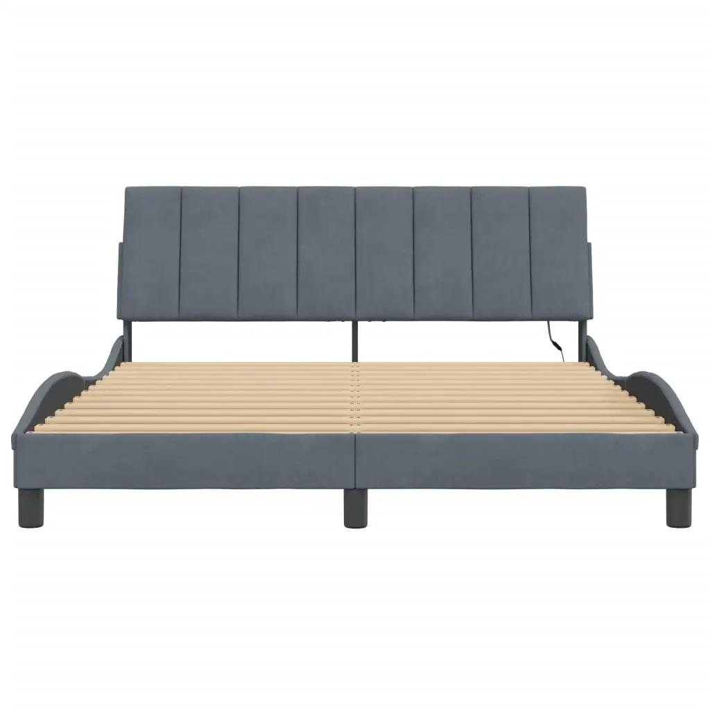 Queen Bed Frame Grey Velvet LED Headboard Modern Plywood Slats