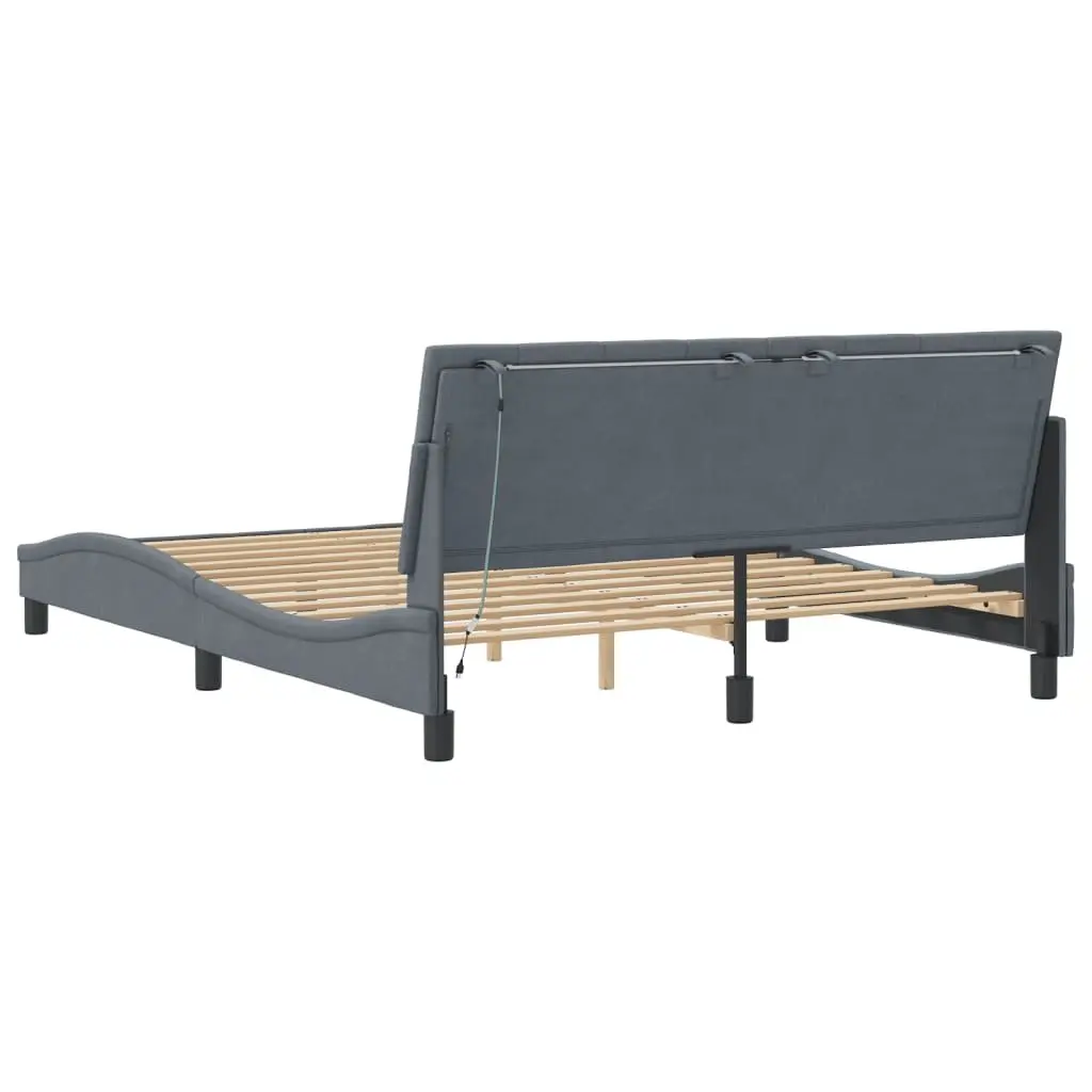Queen Bed Frame Grey Velvet LED Headboard Modern Plywood Slats