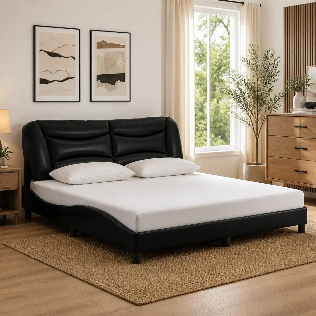 Black Bed Frame with LED Strip Lights 180x200cm Faux Leather Upholstery