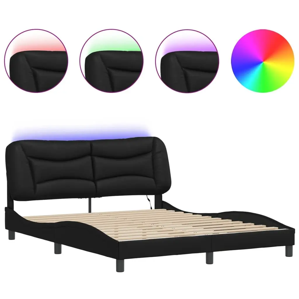 Bed Frame LED Lights Black Faux Leather 152x203 cm