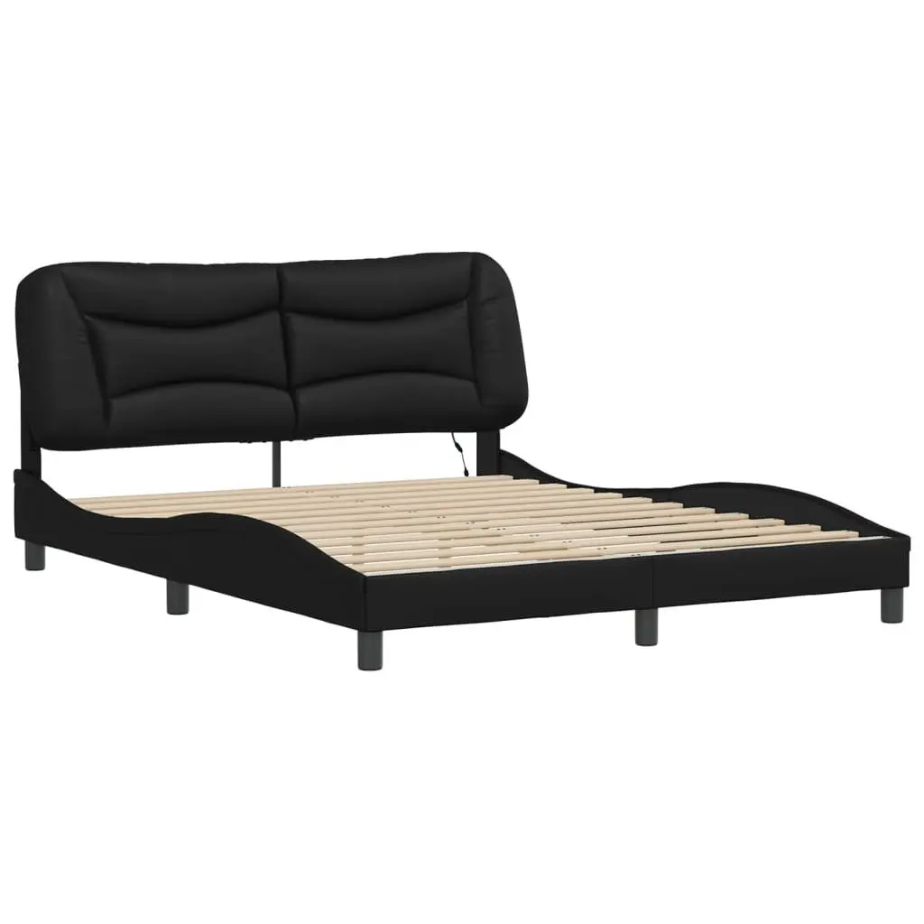 Bed Frame LED Lights Black Faux Leather 152x203 cm