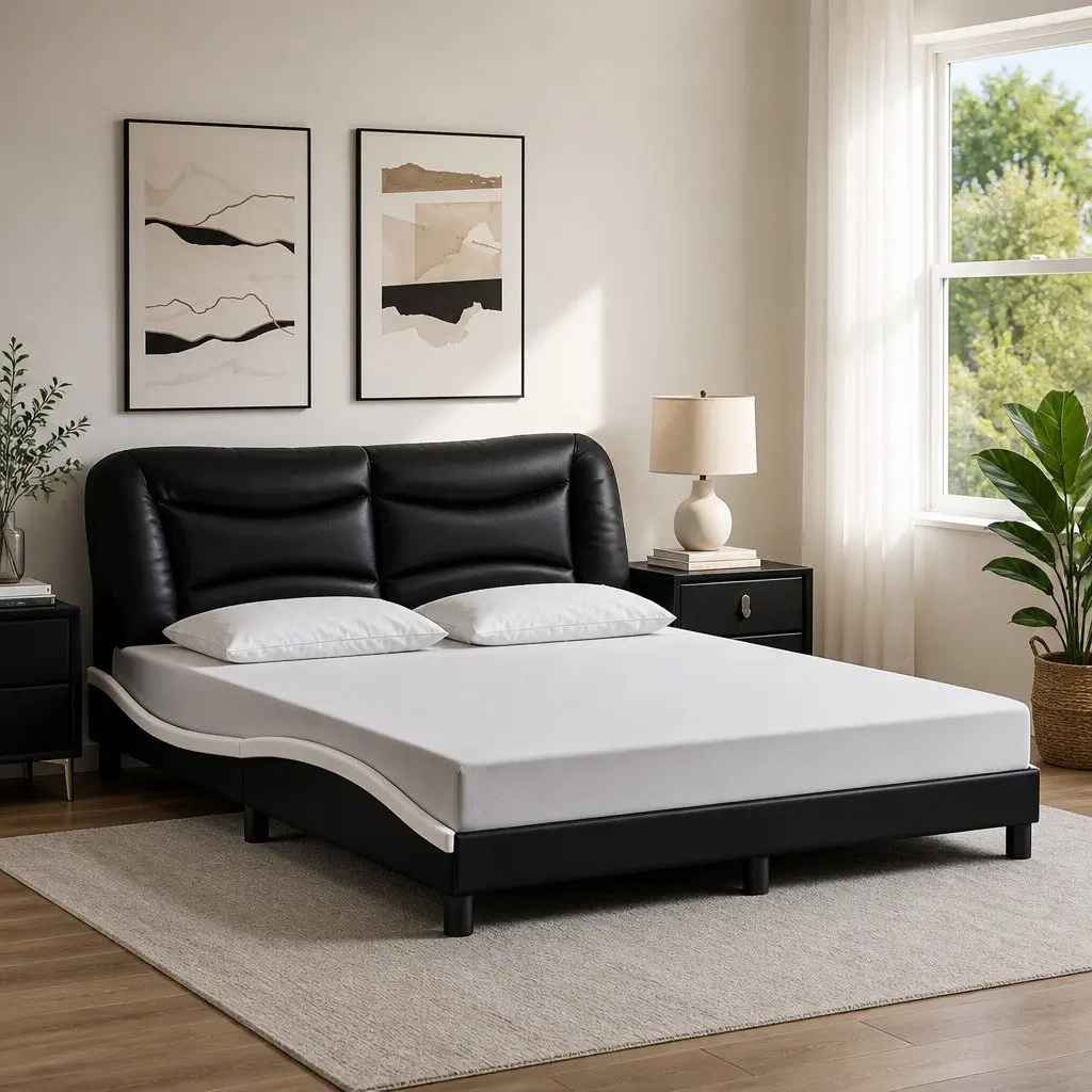 Bed Frame LED Lights Black and White 152x203 cm Faux Leather Upholstered