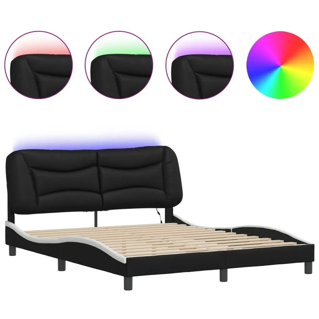 Bed Frame LED Lights Black and White 152x203 cm Faux Leather Upholstered