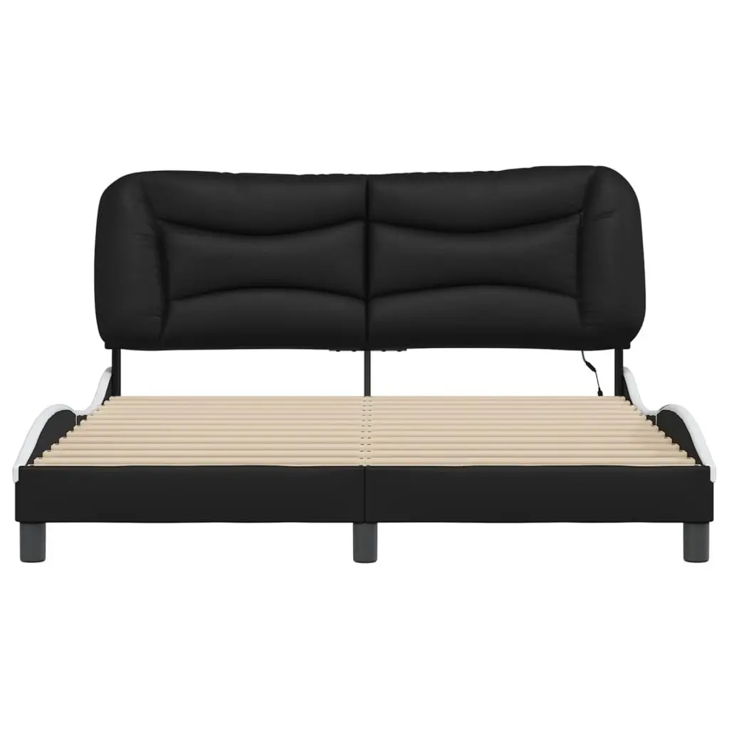 Bed Frame LED Lights Black and White 152x203 cm Faux Leather Upholstered