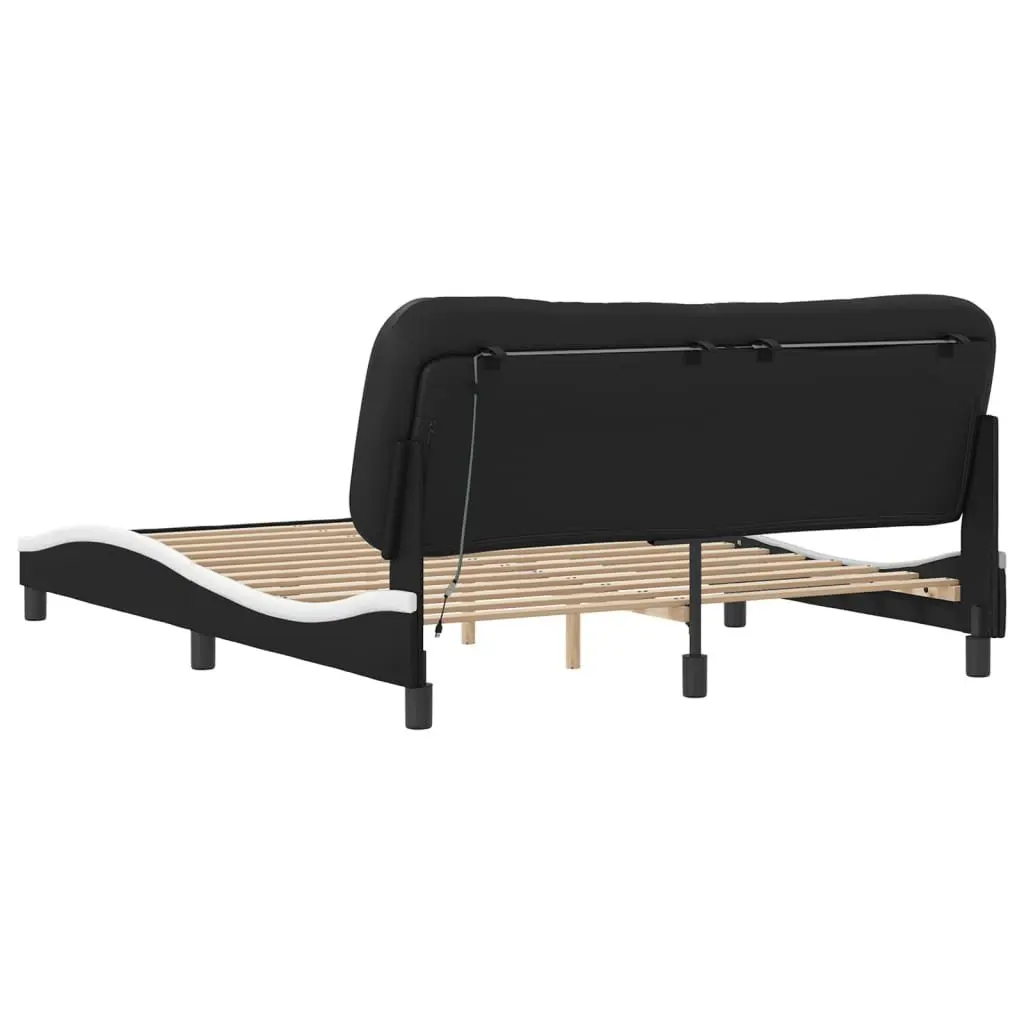 Bed Frame LED Lights Black and White 152x203 cm Faux Leather Upholstered