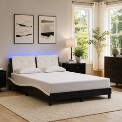 LED Bed Frame with Black White Faux Leather Headboard